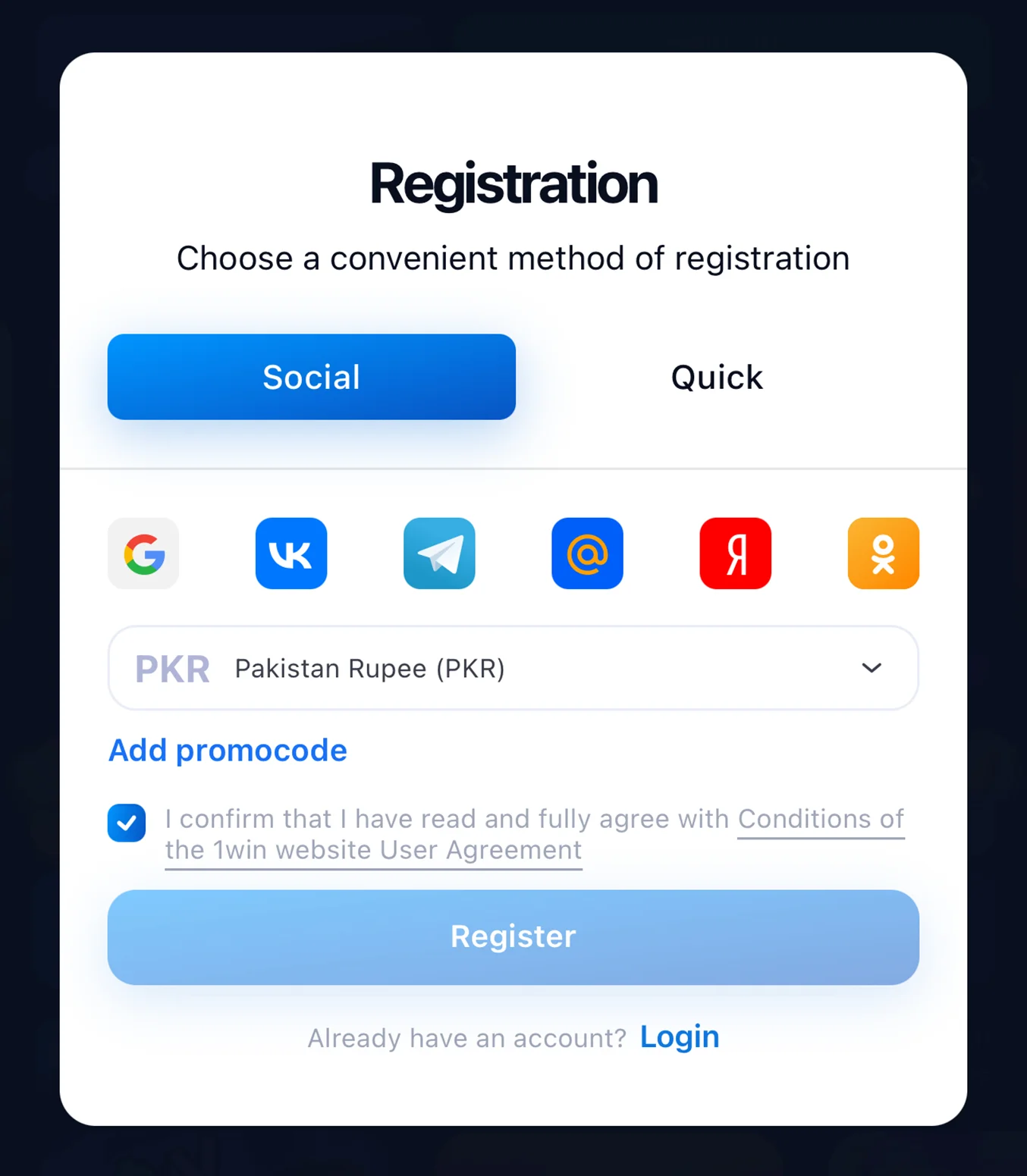 1win registration
